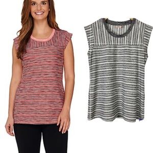 LOGO Lotus by Lori Goldstein Striped Tank with Space Dye Neck Trim Large